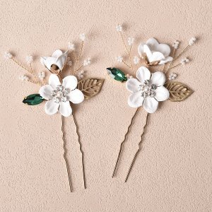 3 piece Handmade Green Marquise-cut Rhinestone and White Flower U-shaped Pins